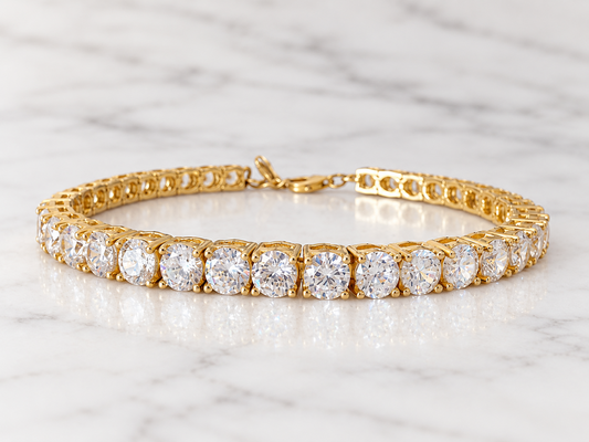 Gold-plated sterling silver tennis bracelet with cubic zirconia, close-up