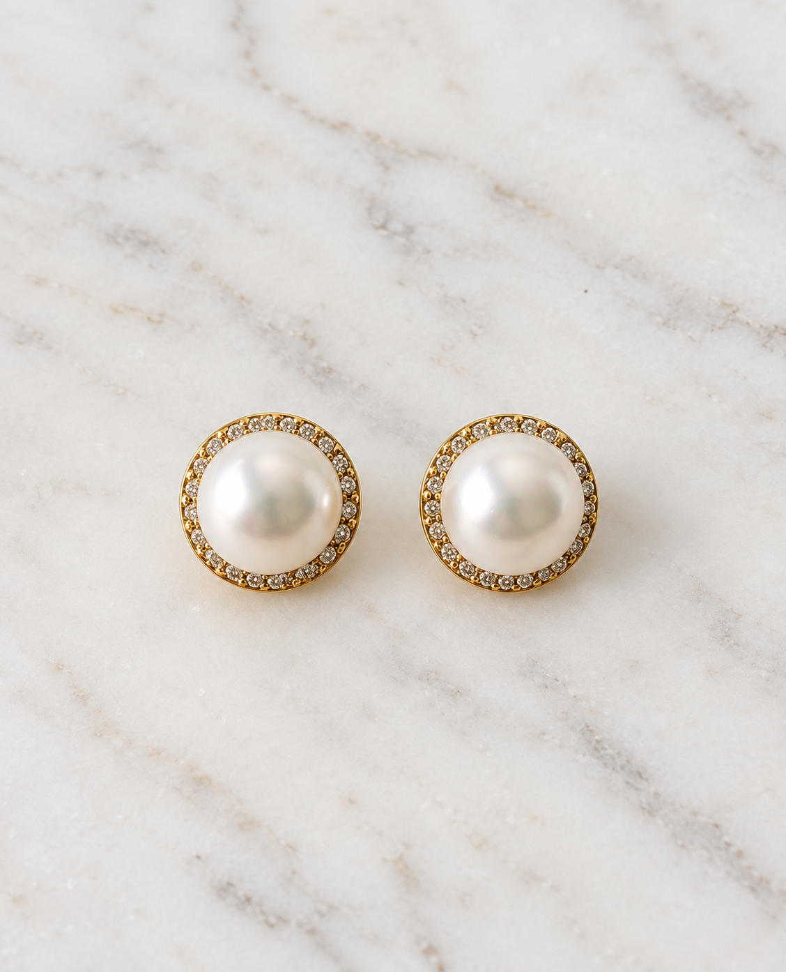 Gold-plated sterling silver freshwater pearl halo stud earrings with cubic zirconia