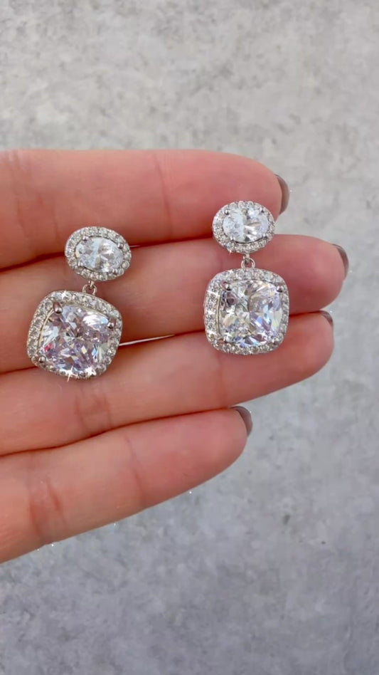 Cushion Halo Drop Cubic Zirconia Earrings