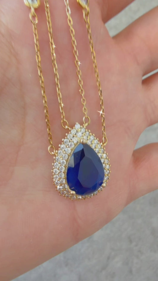 Gold Sapphire Blue Teardrop Pendant Necklace – Double Chain with Cubic Zirconia Details