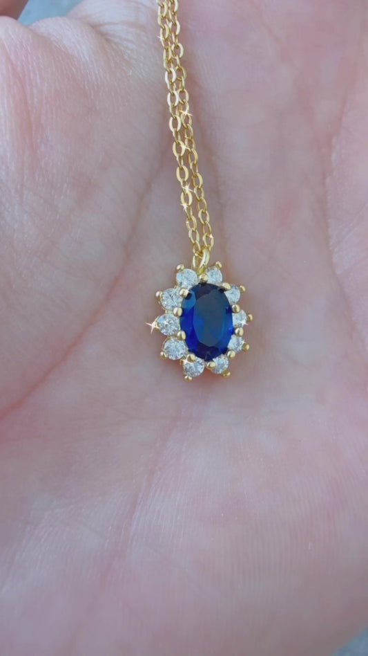 Sapphire & Zirconia Halo Pendant Necklace – 925 Sterling Silver, Gold Plated (chain included)