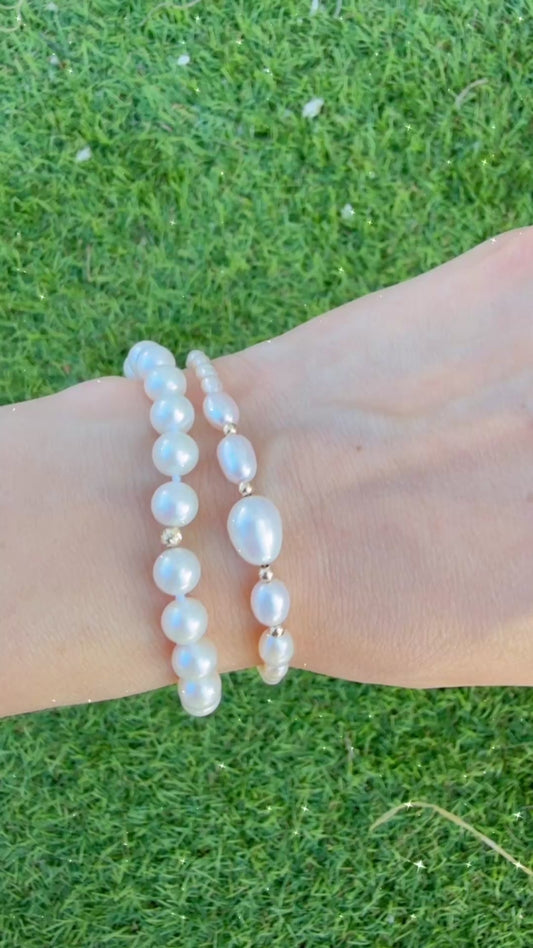 14K Gold Pearl Bracelet with diamond cut beads