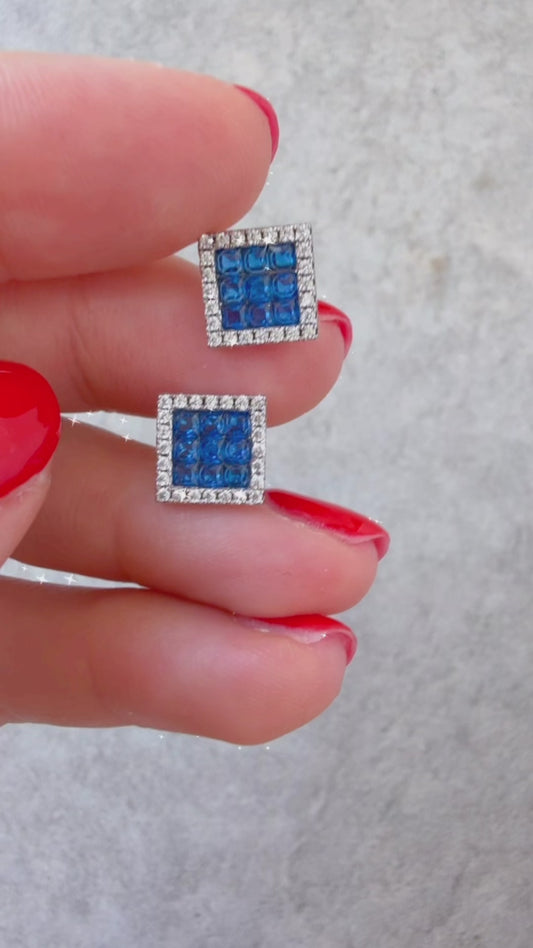 Sterling Silver 925 Square Blue Zirconia Earrings with Halo Setting