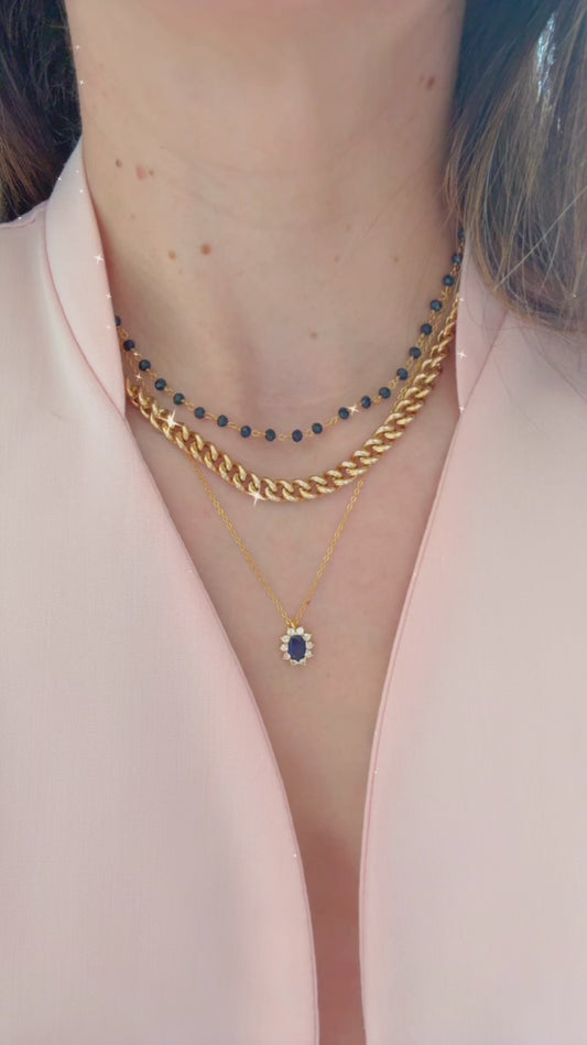 Sapphire & Zirconia Halo Pendant Necklace – 925 Sterling Silver, Gold Plated (chain included)